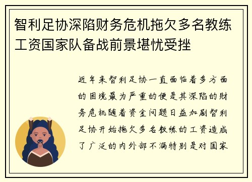 智利足协深陷财务危机拖欠多名教练工资国家队备战前景堪忧受挫